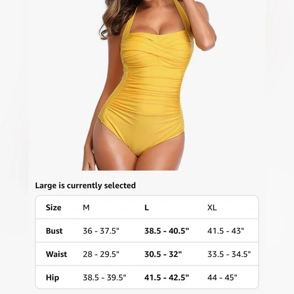 Smismivo Tummy Control Swimwear Halter 1-Piece Slimming Swimsuit,Yellow, size L - Picture 5 of 8